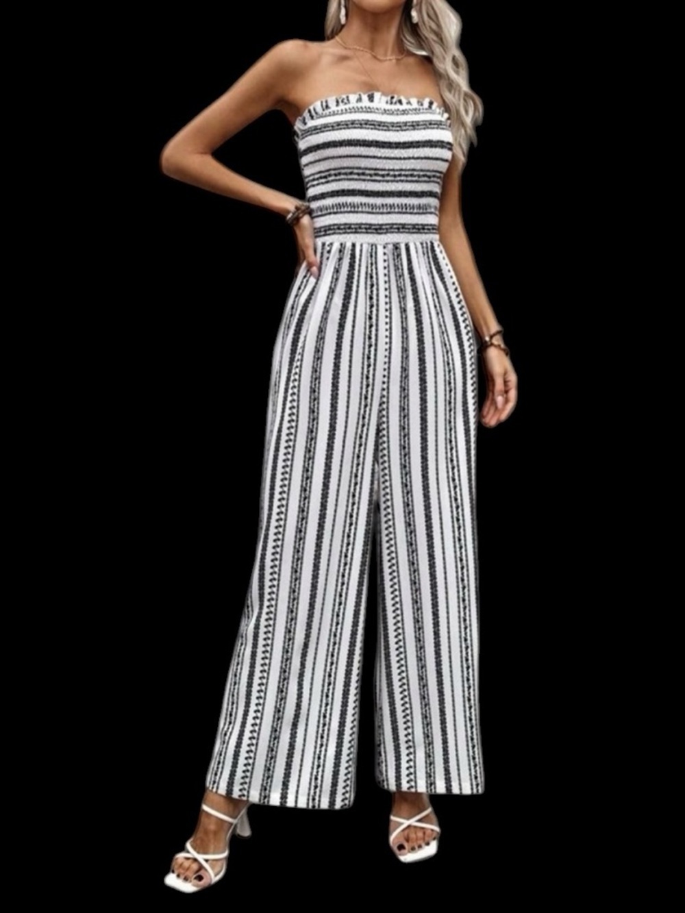 Summer Stripe Black White Strapless Jumpsuit Wide Leg Pant Coverup Women’s